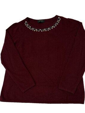 Charter Club Luxury Cashmere Sweater Large Burgundy Jeweled Rhinestone Neckline